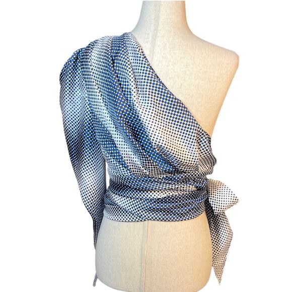 Alexandre Vauthier 100% Silk One Shoulder Statement Sleeve Wrap Blouse 40 Blue - Picture 5 of 16